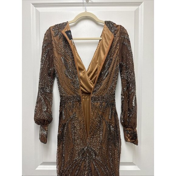 MAC DUGGAL Size 0 Brown 5295 BEADED LONG SLEEVE MIDI COCKTAIL Party DRESS  New - Picture 9 of 11